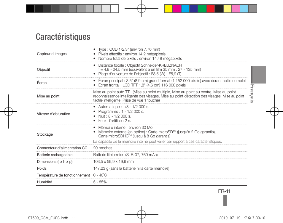 Caractéristiques, Français | Samsung EC-ST600ZBPBUS User Manual | Page 31 / 144