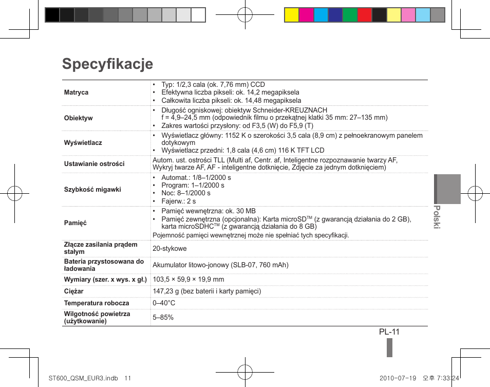 Specyfikacje, Polski | Samsung EC-ST600ZBPBUS User Manual | Page 51 / 144