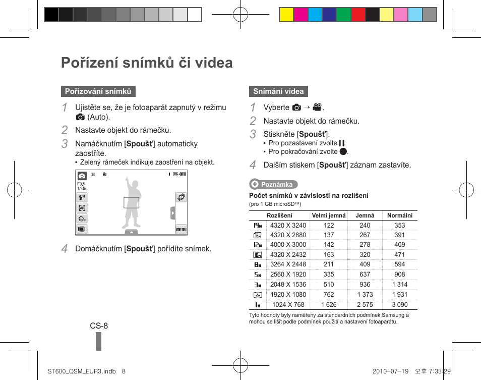 Pořízení snímků či videa | Samsung EC-ST600ZBPBUS User Manual | Page 58 / 144