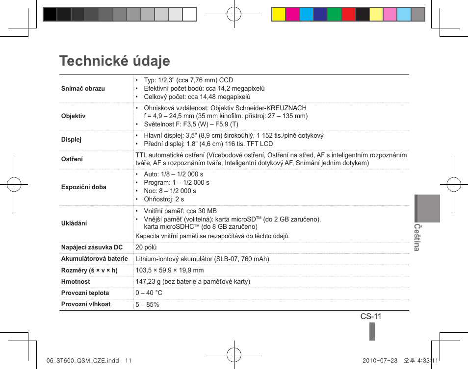 Technické údaje, Čeština | Samsung EC-ST600ZBPBUS User Manual | Page 61 / 144