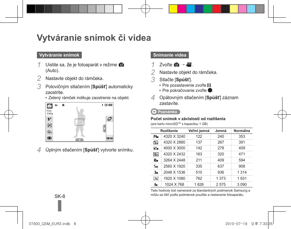 Vytváranie snímok či videa | Samsung EC-ST600ZBPBUS User Manual | Page 68 / 144