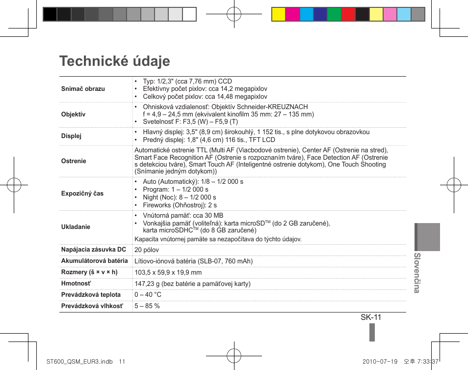 Technické údaje, Slovenčina | Samsung EC-ST600ZBPBUS User Manual | Page 71 / 144