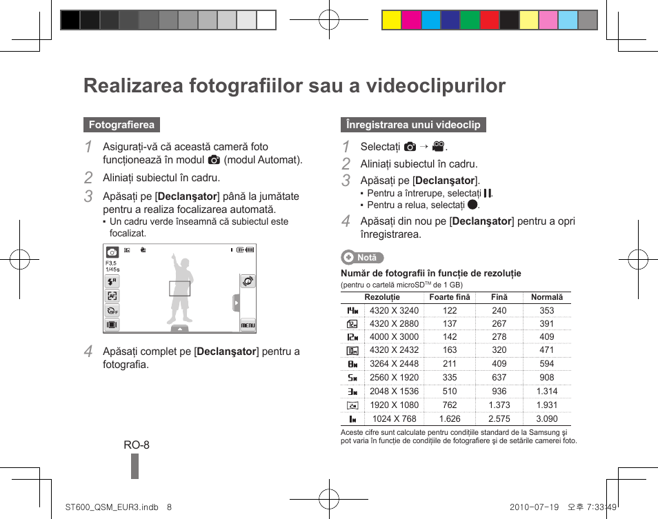 Realizarea fotografiilor sau a videoclipurilor | Samsung EC-ST600ZBPBUS User Manual | Page 88 / 144
