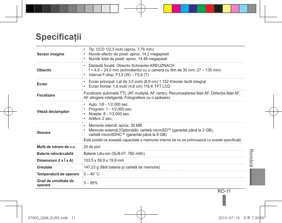 Specificaţii, Română | Samsung EC-ST600ZBPBUS User Manual | Page 91 / 144