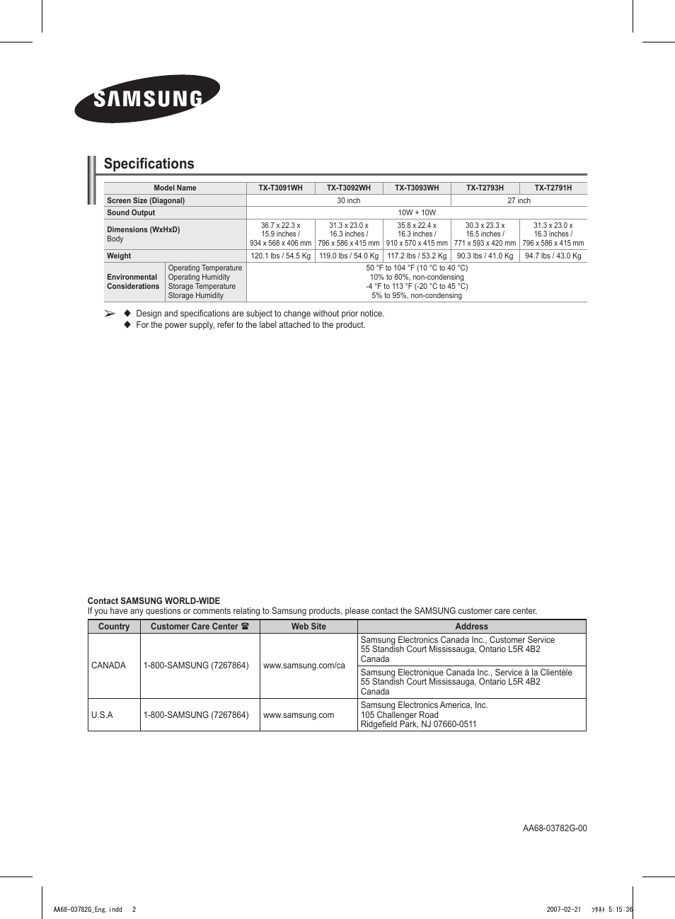Samsung TXT2793HX-XAA User Manual | 36 pages