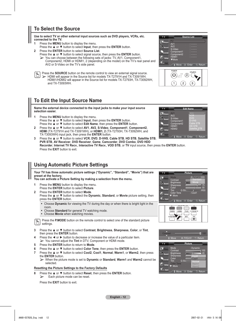 To select the source, To edit the input source name, Using automatic picture settings | Samsung TXT2793HX-XAA User Manual | Page 13 / 36