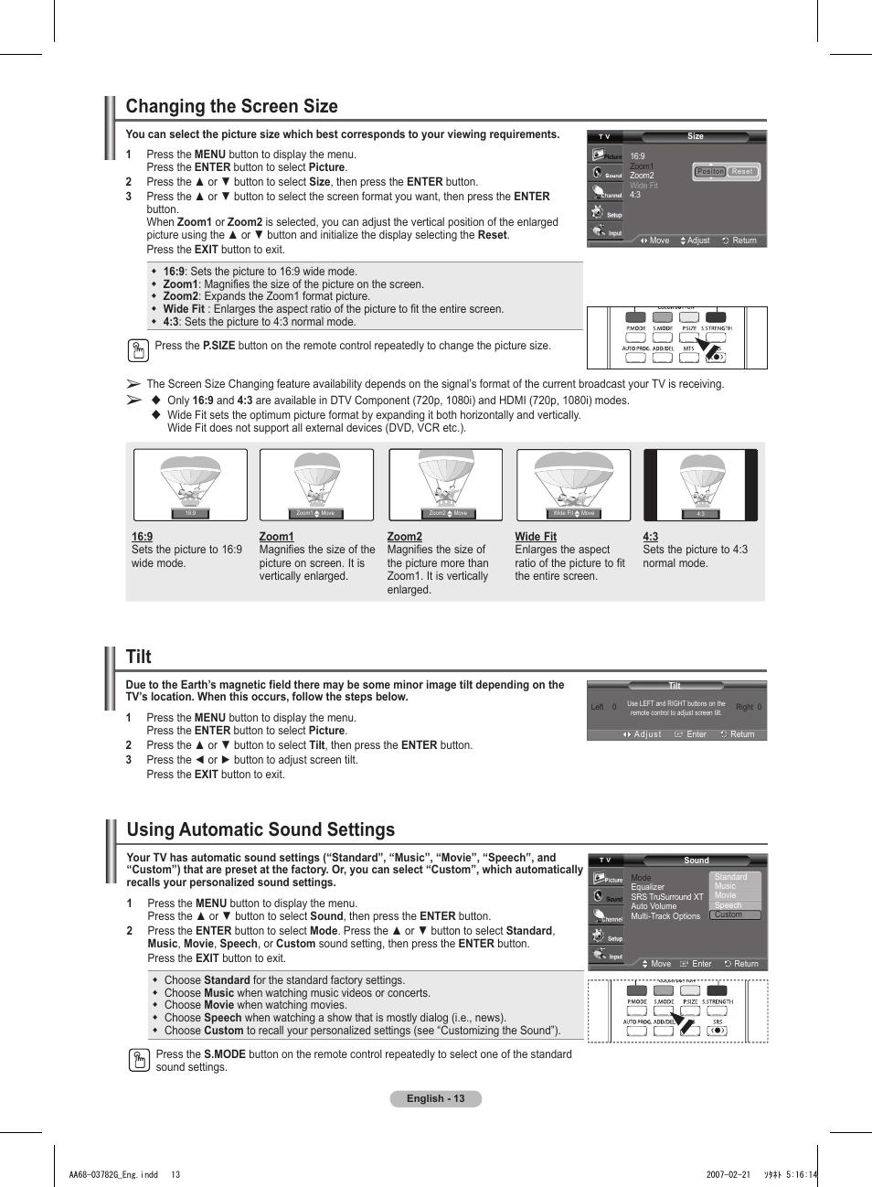 Changing the screen size, Tilt, Using automatic sound settings | Samsung TXT2793HX-XAA User Manual | Page 14 / 36