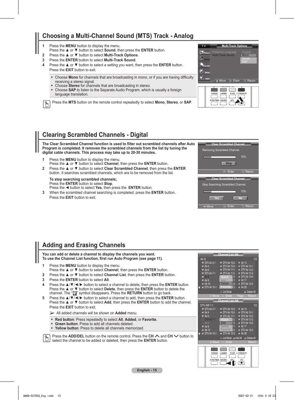 Clearing scrambled channels - digital, Adding and erasing channels | Samsung TXT2793HX-XAA User Manual | Page 16 / 36