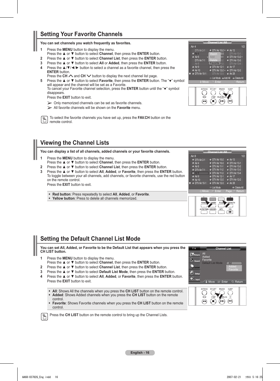 Setting your favorite channels, Viewing the channel lists, Setting the default channel list mode | Samsung TXT2793HX-XAA User Manual | Page 17 / 36