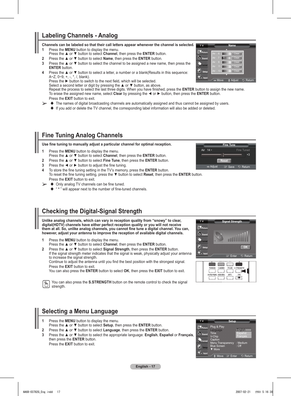 Labeling channels - analog, Fine tuning analog channels, Checking the digital-signal strength | Selecting a menu language | Samsung TXT2793HX-XAA User Manual | Page 18 / 36