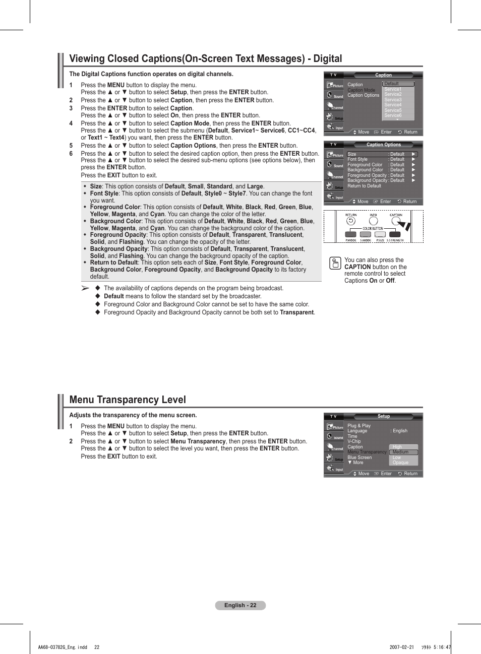 Menu transparency level | Samsung TXT2793HX-XAA User Manual | Page 23 / 36