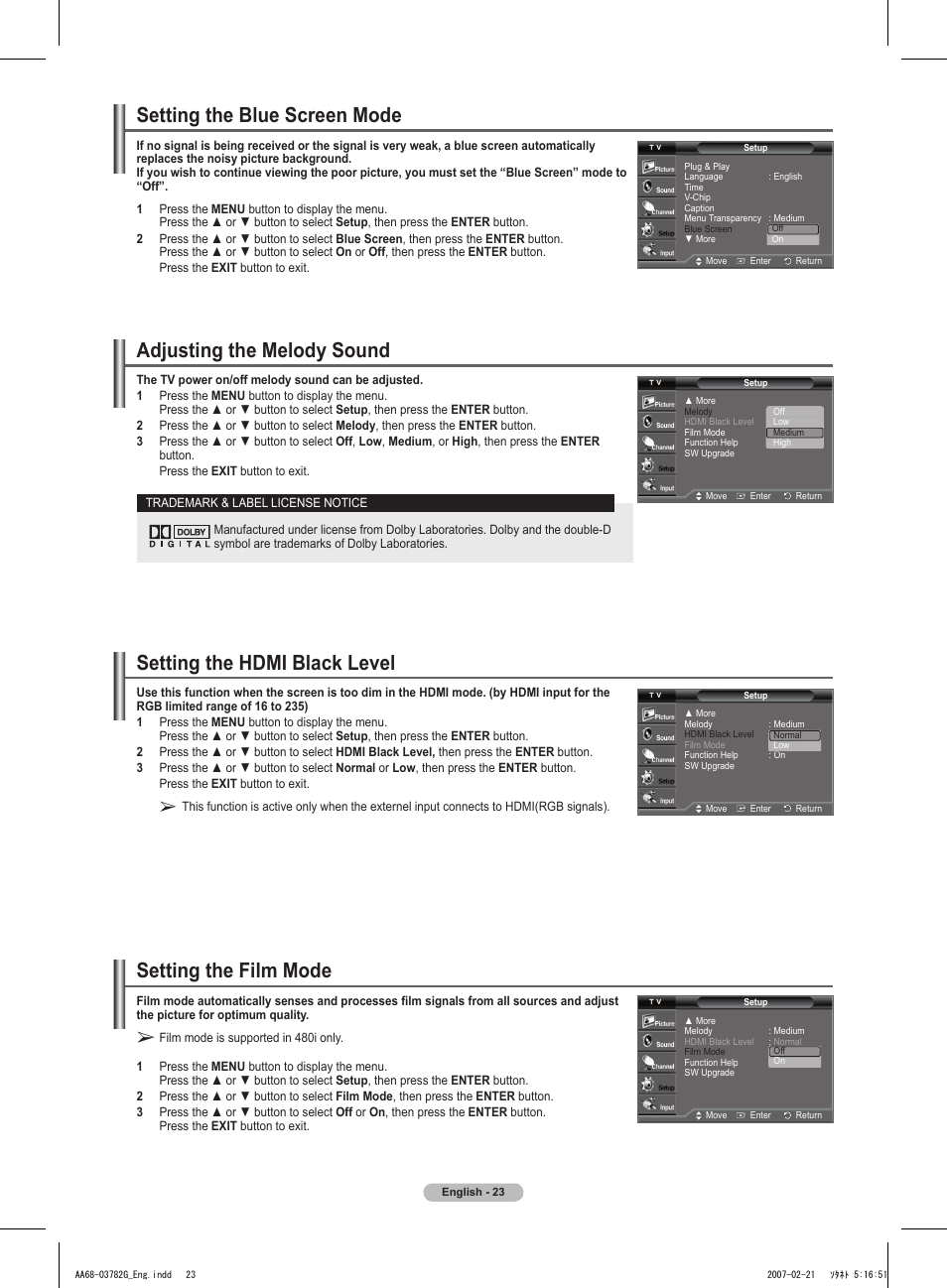 Setting the blue screen mode, Adjusting the melody sound, Setting the hdmi black level | Setting the film mode | Samsung TXT2793HX-XAA User Manual | Page 24 / 36
