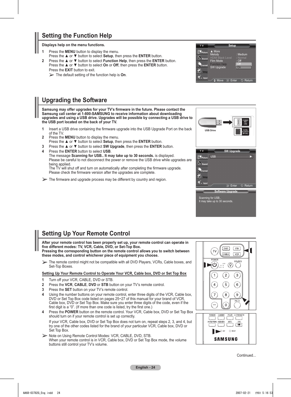 Setting the function help, Upgrading the software, Setting up your remote control | Samsung TXT2793HX-XAA User Manual | Page 25 / 36