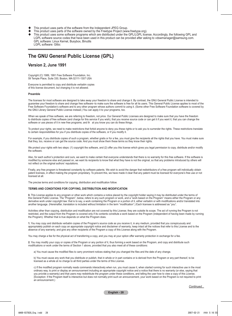 The gnu general public license (gpl) | Samsung TXT2793HX-XAA User Manual | Page 29 / 36