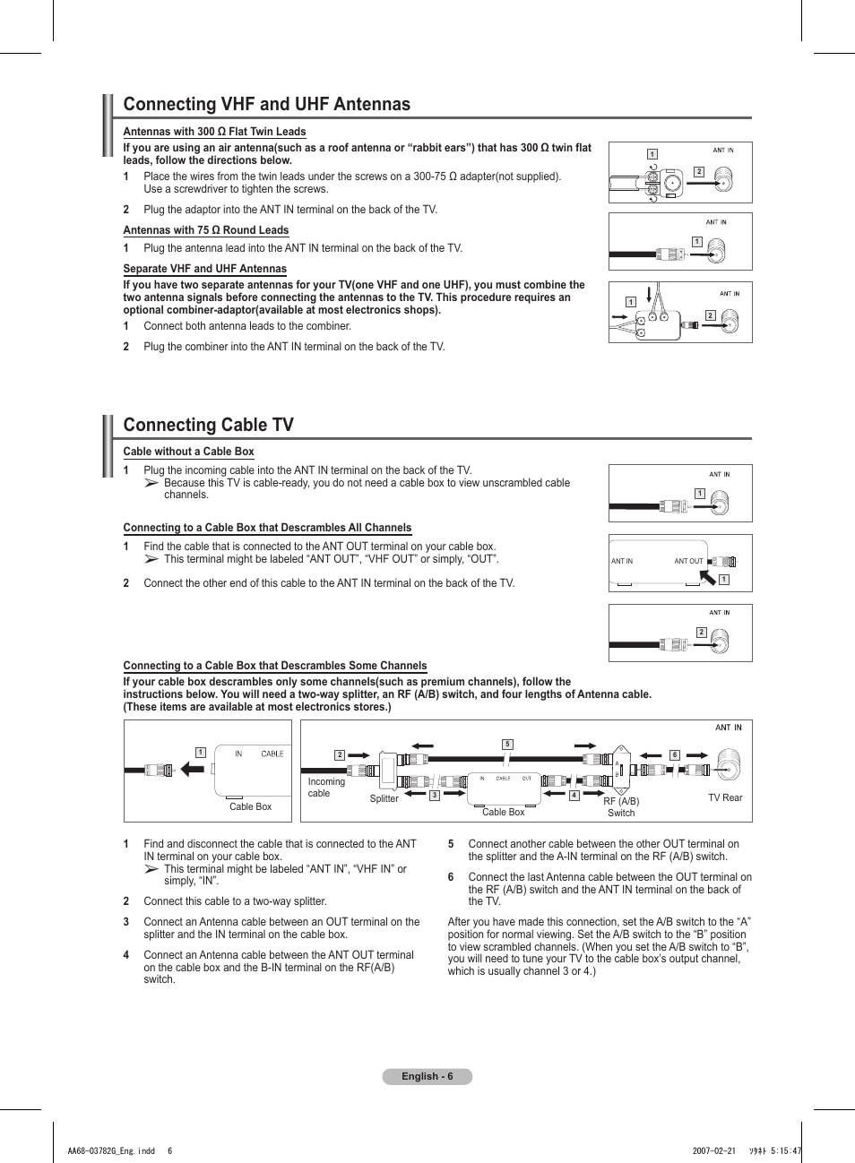 Connecting vhf and uhf antennas, Connecting cable tv | Samsung TXT2793HX-XAA User Manual | Page 7 / 36