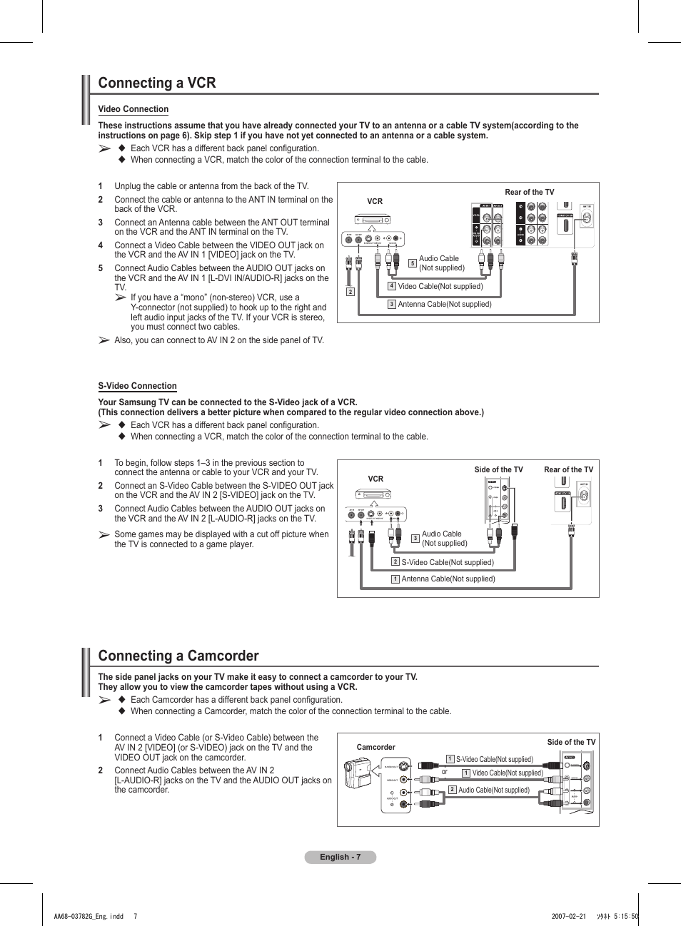 Connecting a vcr, Connecting a camcorder | Samsung TXT2793HX-XAA User Manual | Page 8 / 36