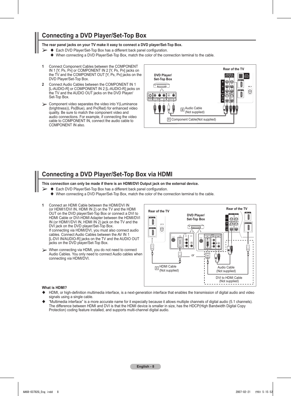 Connecting a dvd player/set-top box, Connecting a dvd player/set-top box via hdmi | Samsung TXT2793HX-XAA User Manual | Page 9 / 36