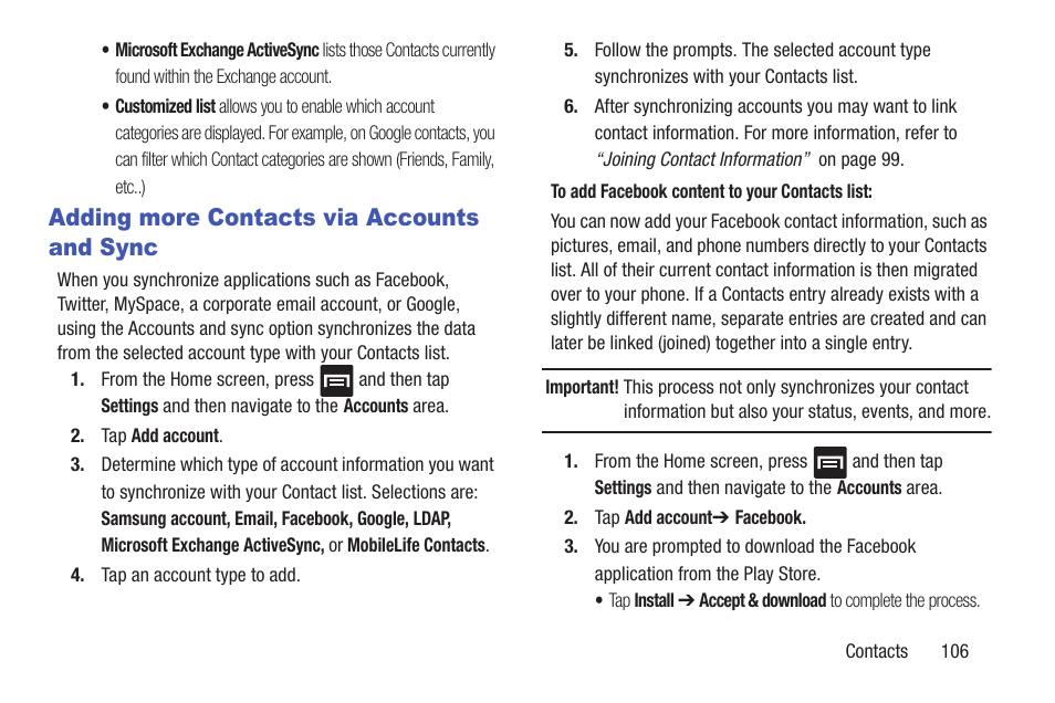 Adding more contacts via accounts and sync, Adding more contacts via accounts, And sync | Samsung SGH-T989ZKBTMB User Manual | Page 111 / 366