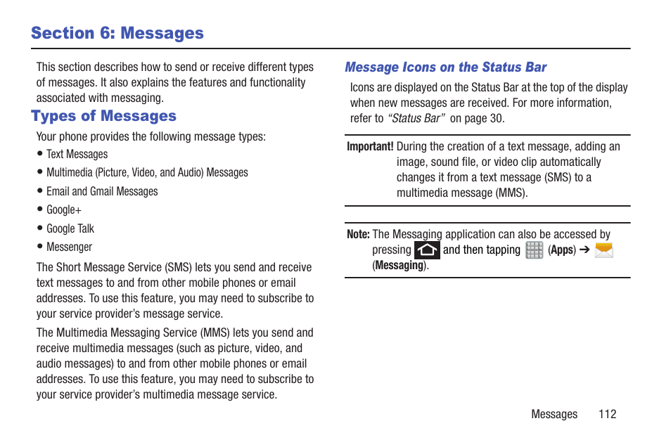 Section 6: messages, Types of messages | Samsung SGH-T989ZKBTMB User Manual | Page 117 / 366