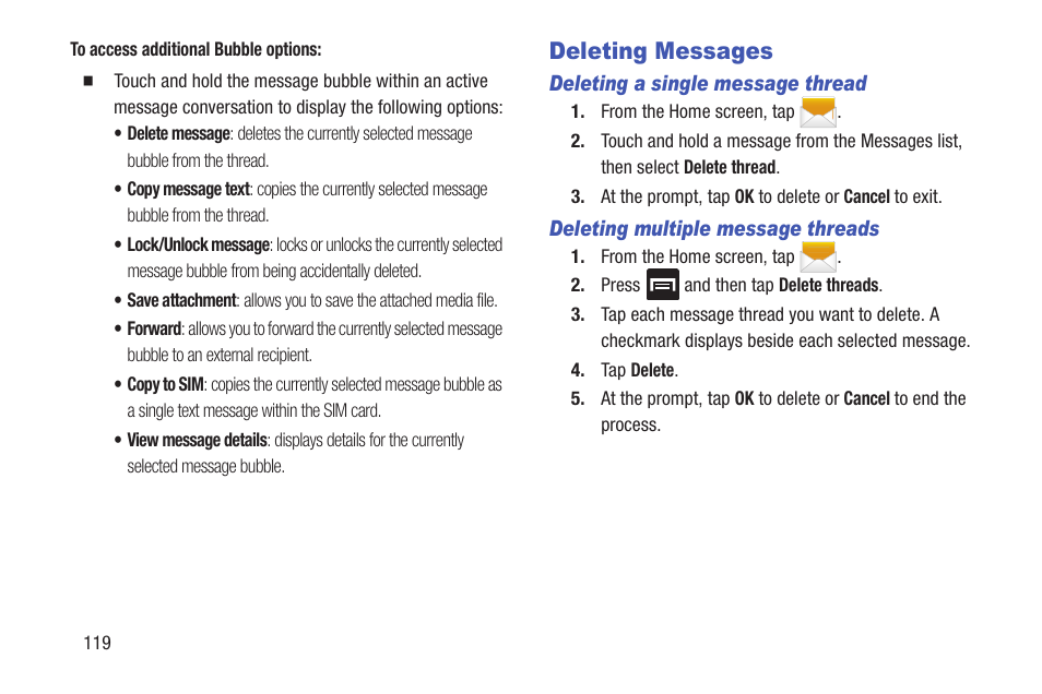 Deleting messages, Te. for more information, Refer to “deleting a single message thread” on | Deleting a single message thread, For more information, refer | Samsung SGH-T989ZKBTMB User Manual | Page 124 / 366