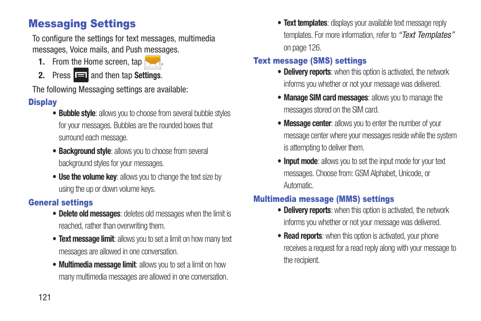 Messaging settings, For more | Samsung SGH-T989ZKBTMB User Manual | Page 126 / 366