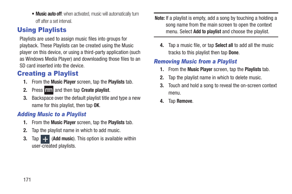 Using playlists, Creating a playlist, Using playlists creating a playlist | Samsung SGH-T989ZKBTMB User Manual | Page 176 / 366