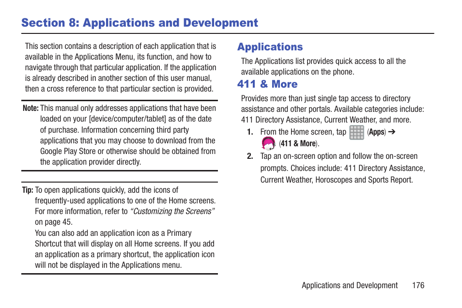 Section 8: applications and development, Applications, 411 & more | Applications 411 & more | Samsung SGH-T989ZKBTMB User Manual | Page 181 / 366