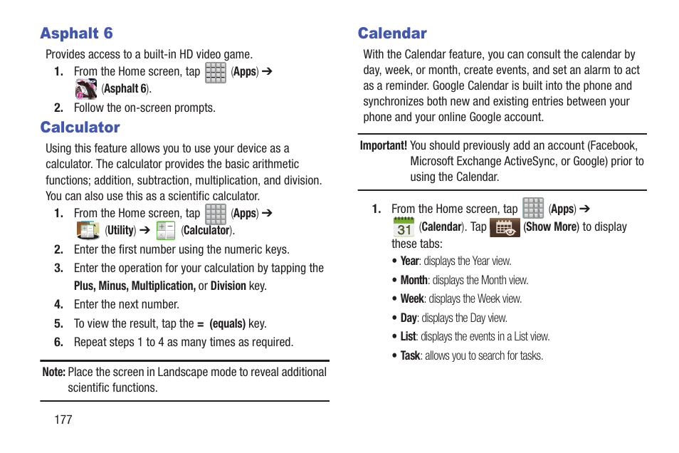 Asphalt 6, Calculator, Calendar | Asphalt 6 calculator calendar | Samsung SGH-T989ZKBTMB User Manual | Page 182 / 366