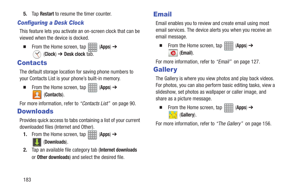 Contacts, Downloads, Email | Gallery, Contacts downloads email gallery | Samsung SGH-T989ZKBTMB User Manual | Page 188 / 366