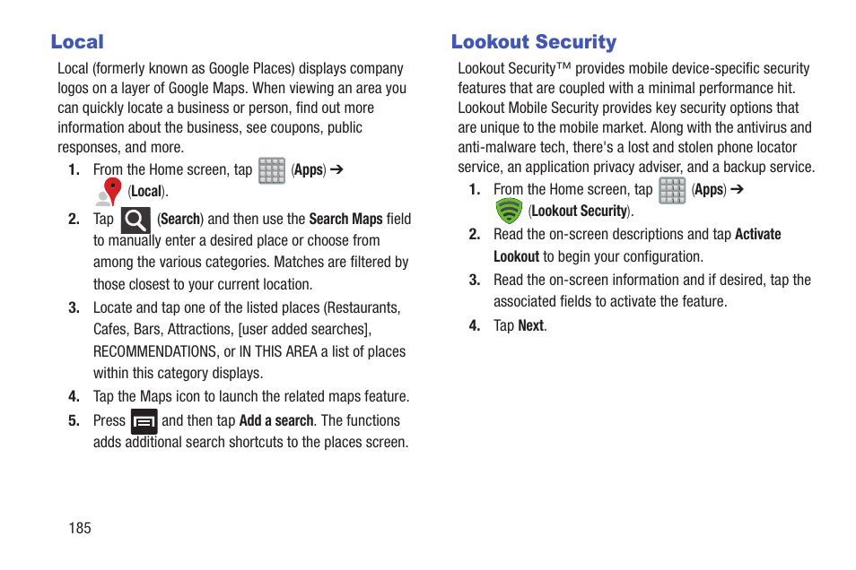 Local, Lookout security, Local lookout security | Samsung SGH-T989ZKBTMB User Manual | Page 190 / 366