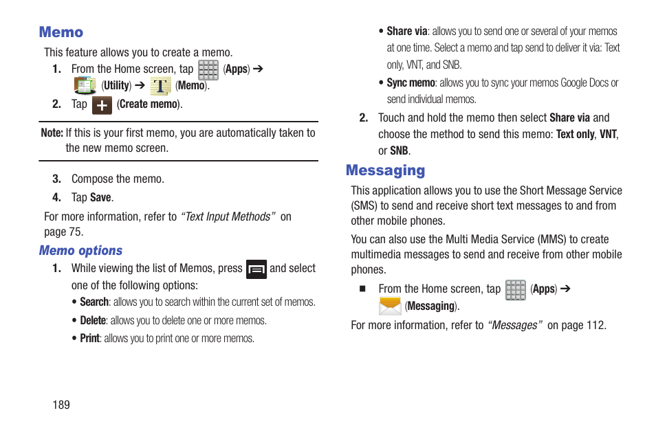 Memo, Messaging, Memo messaging | Samsung SGH-T989ZKBTMB User Manual | Page 194 / 366