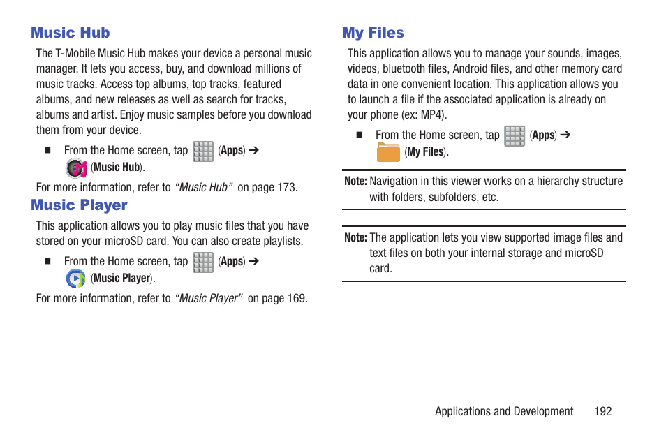 Music hub, Music player, My files | Music hub music player my files | Samsung SGH-T989ZKBTMB User Manual | Page 197 / 366