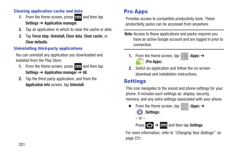 Pro apps, Settings, Pro apps settings | Samsung SGH-T989ZKBTMB User Manual | Page 206 / 366