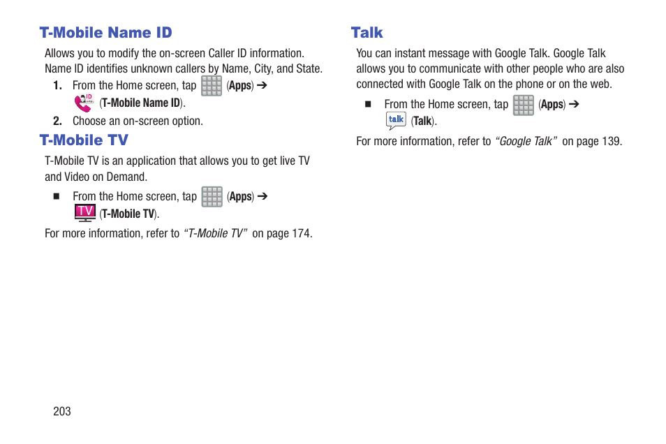 T-mobile name id, T-mobile tv, Talk | T-mobile name id t-mobile tv talk | Samsung SGH-T989ZKBTMB User Manual | Page 208 / 366