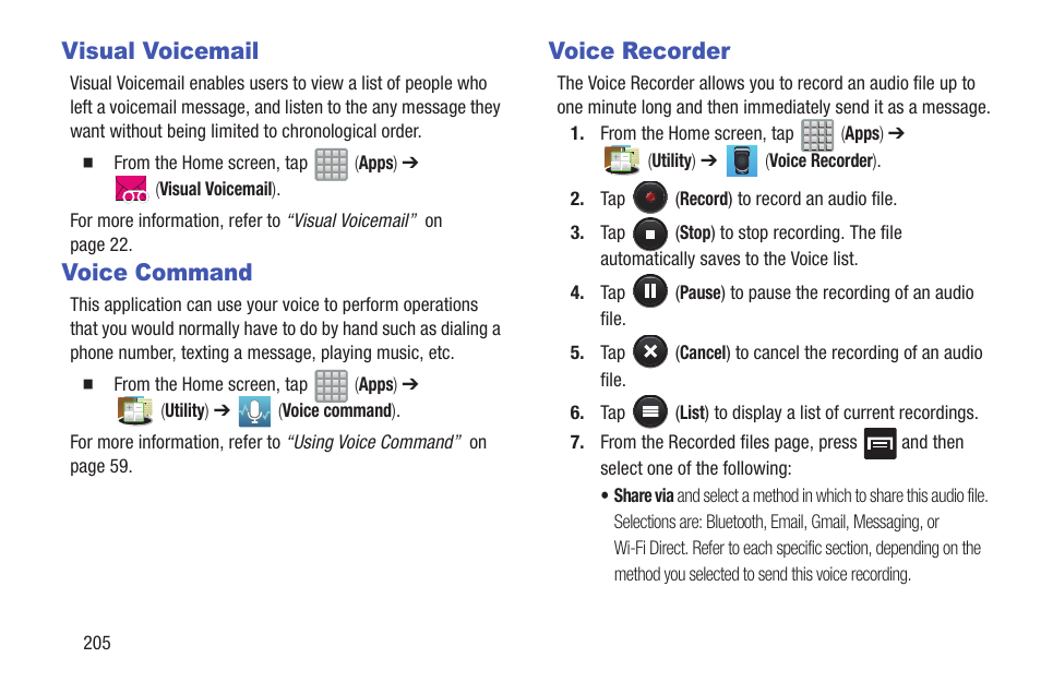 Visual voicemail, Voice command, Voice recorder | Visual voicemail voice command voice recorder | Samsung SGH-T989ZKBTMB User Manual | Page 210 / 366