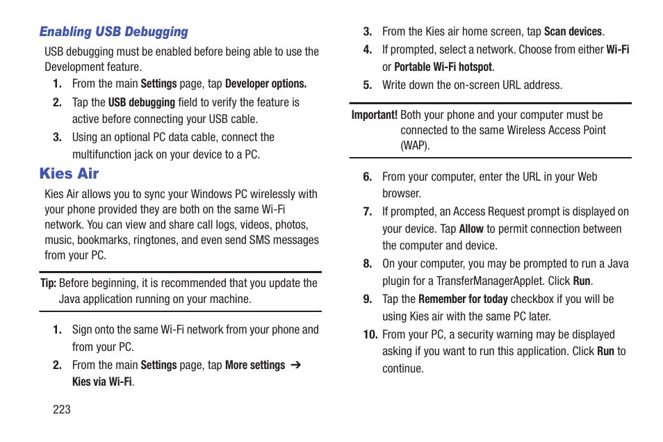 Kies air | Samsung SGH-T989ZKBTMB User Manual | Page 228 / 366