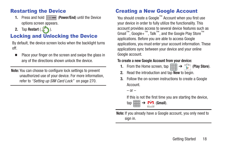 Restarting the device, Locking and unlocking the device, Creating a new google account | Samsung SGH-T989ZKBTMB User Manual | Page 23 / 366