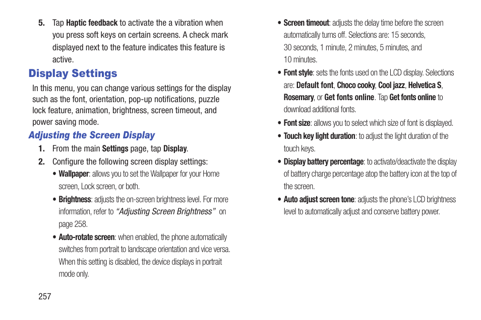 Display settings | Samsung SGH-T989ZKBTMB User Manual | Page 262 / 366