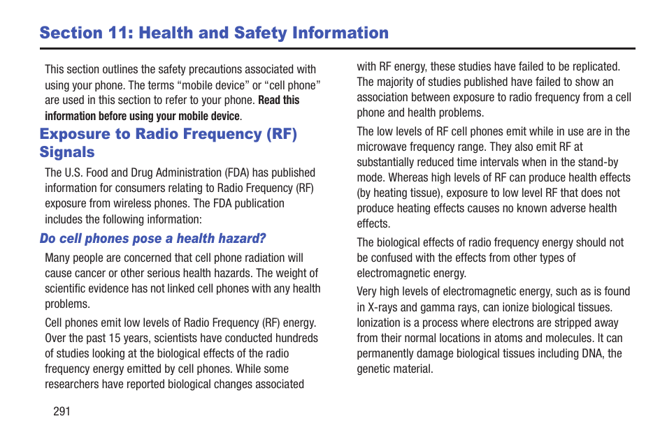 Section 11: health and safety information, Exposure to radio frequency (rf) signals | Samsung SGH-T989ZKBTMB User Manual | Page 296 / 366