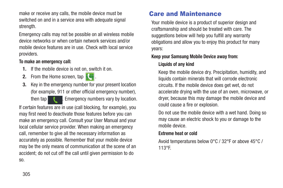 Care and maintenance | Samsung SGH-T989ZKBTMB User Manual | Page 310 / 366