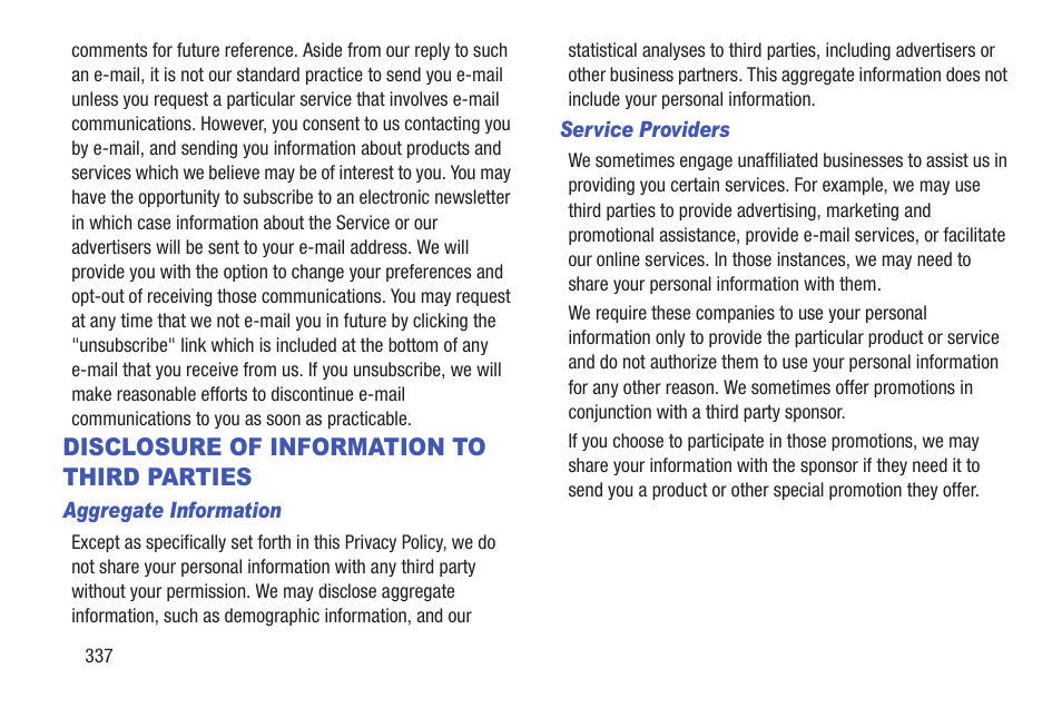 Disclosure of information to third parties, Disclosure of information to, Third parties | Samsung SGH-T989ZKBTMB User Manual | Page 342 / 366