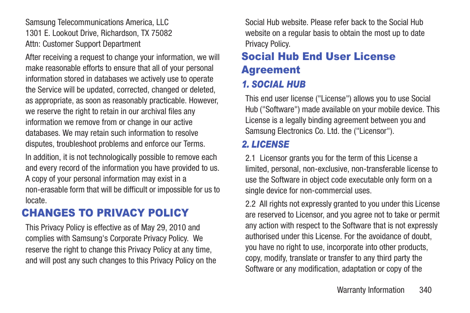 Changes to privacy policy, Social hub end user license agreement | Samsung SGH-T989ZKBTMB User Manual | Page 345 / 366