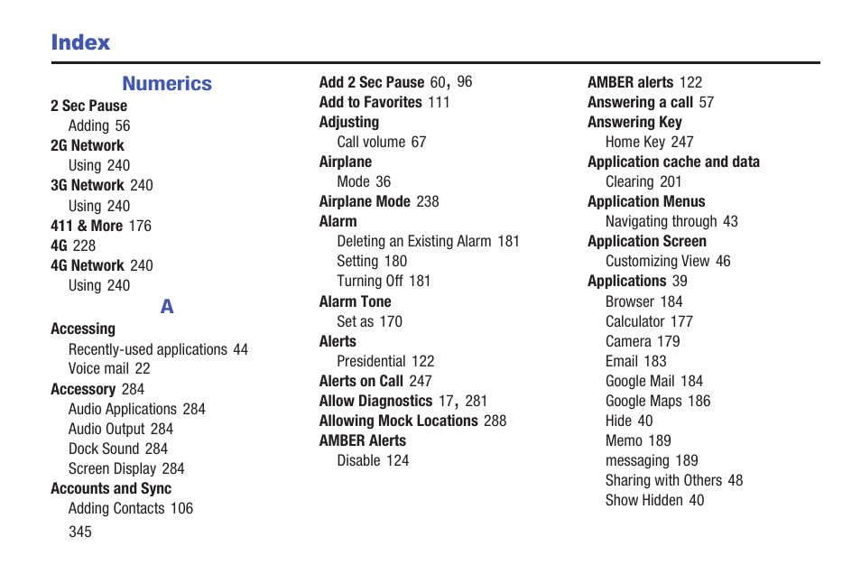 Index | Samsung SGH-T989ZKBTMB User Manual | Page 350 / 366