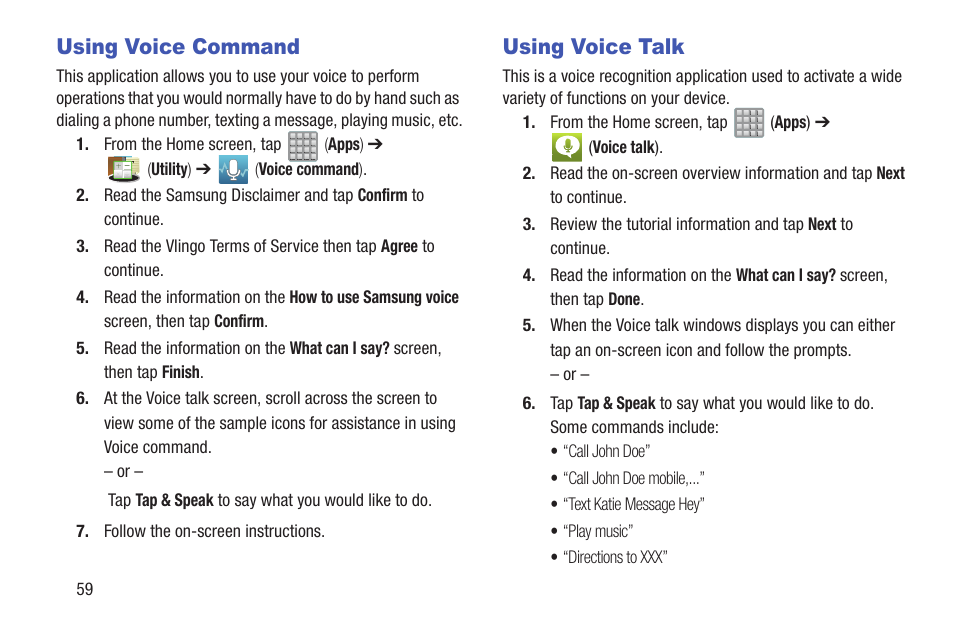 Using voice command, Using voice talk, Using voice command using voice talk | Samsung SGH-T989ZKBTMB User Manual | Page 64 / 366