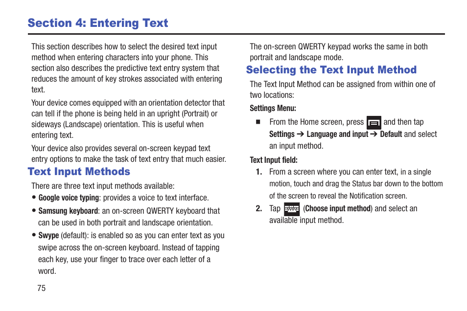 Section 4: entering text, Text input methods, Selecting the text input method | Text input methods selecting the text input method | Samsung SGH-T989ZKBTMB User Manual | Page 80 / 366