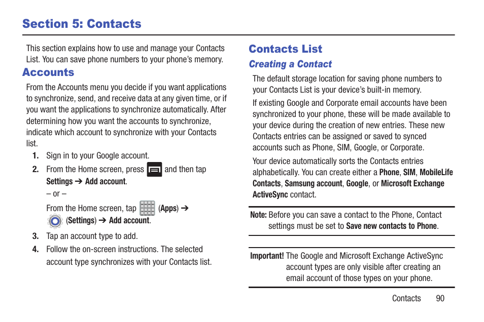 Section 5: contacts, Accounts, Contacts list | Samsung SGH-T989ZKBTMB User Manual | Page 95 / 366