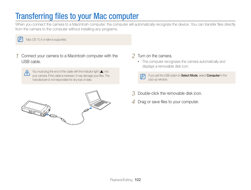 Transferring files to your mac computer, Transferring ﬁles to your mac computer | Samsung EC-ST95ZZBPBUS User Manual | Page 103 / 139