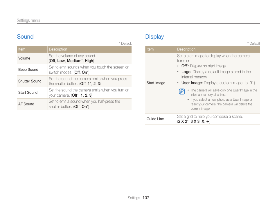 Sound, Display, Sound ……………………………………………… 107 | Display ……………………………………………… 107 | Samsung EC-ST95ZZBPBUS User Manual | Page 108 / 139