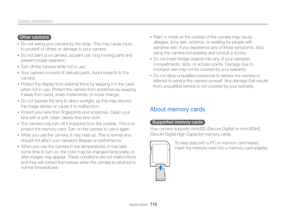 About memory cards, About memory cards ……………………………… 115 | Samsung EC-ST95ZZBPBUS User Manual | Page 116 / 139