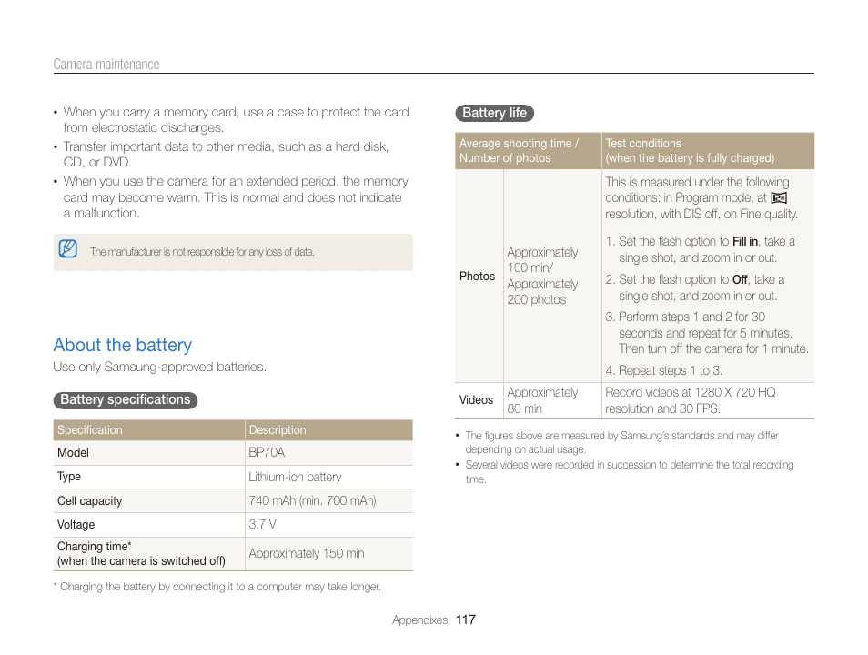 About the battery, About the battery …………………………………… 117 | Samsung EC-ST95ZZBPBUS User Manual | Page 118 / 139